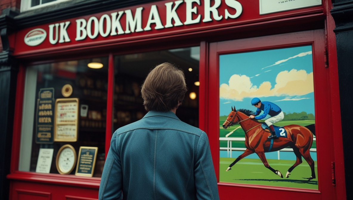 Retro style man outside a 1970s bookmakers